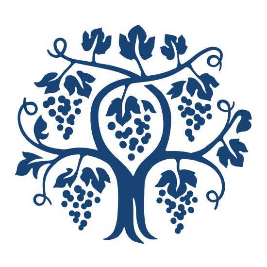A stylized blue tree with curved branches and grape clusters hanging from its limbs.