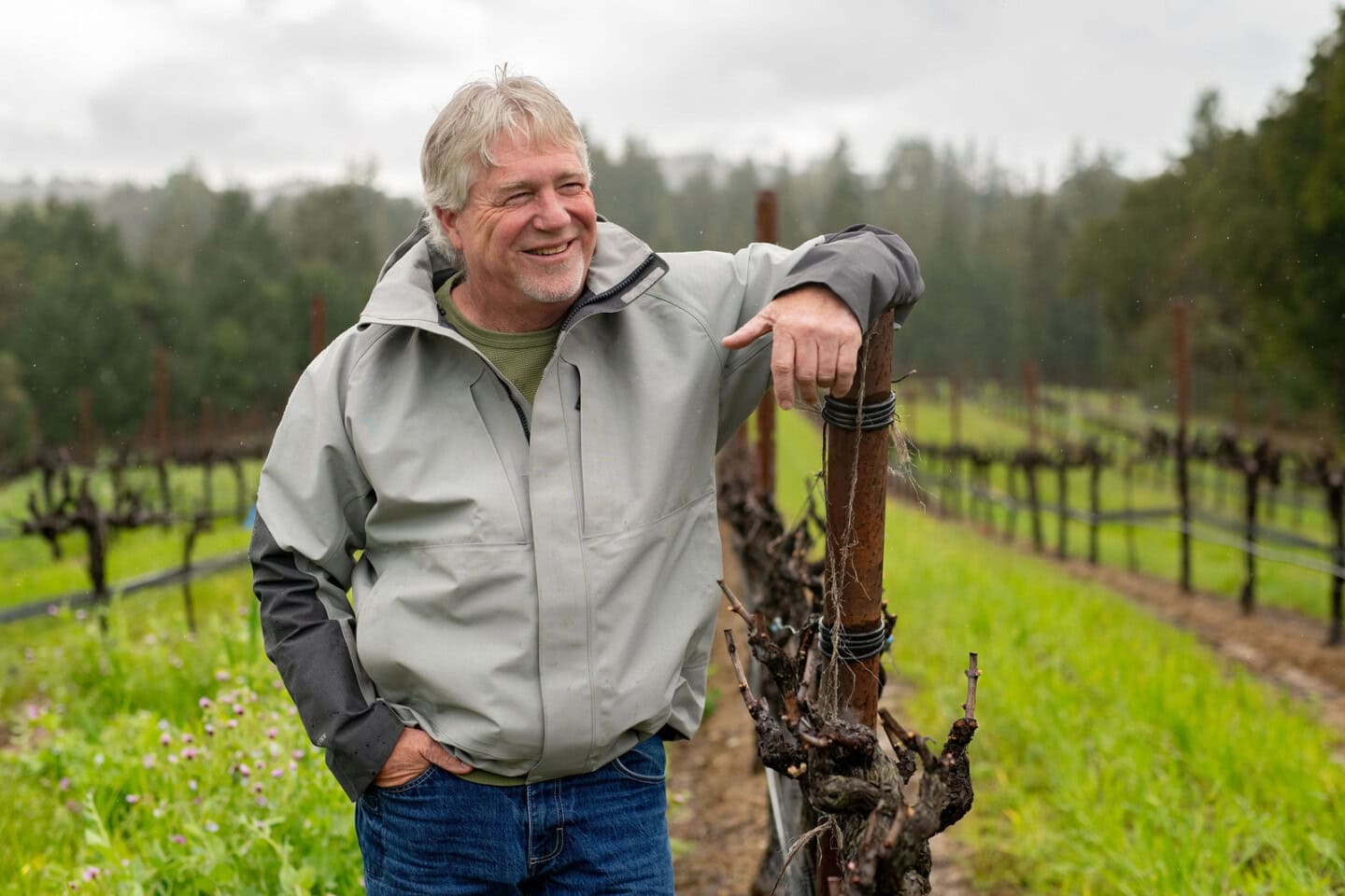 A man in a gray jacket stands in a vineyard on a cloudy day, smiling with one arm resting on a vine post. Rows of grapevines and trees are visible in the background.